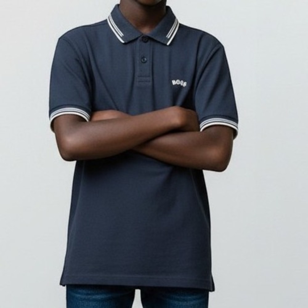 Hugo Boss Paul Curved Polo Mens S Navy Blue Slim Fit Stretch Tipped Logo Shirt